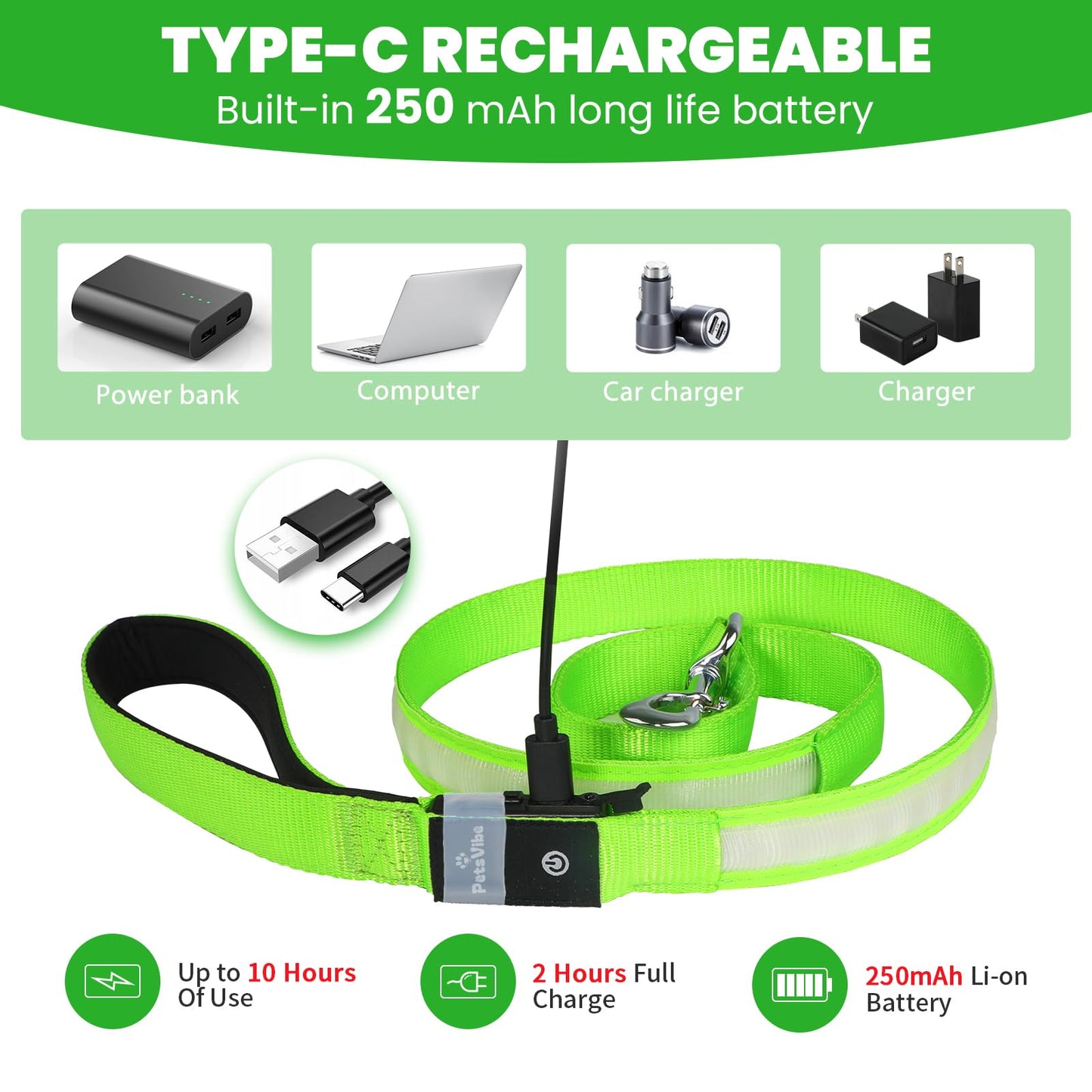 PetsVibe Illuminated lead for dogs. USB Rechargeable LED Flashing Dog Leash - Durable, High-Visibility, Eco-Friendly for Safe Night Walks