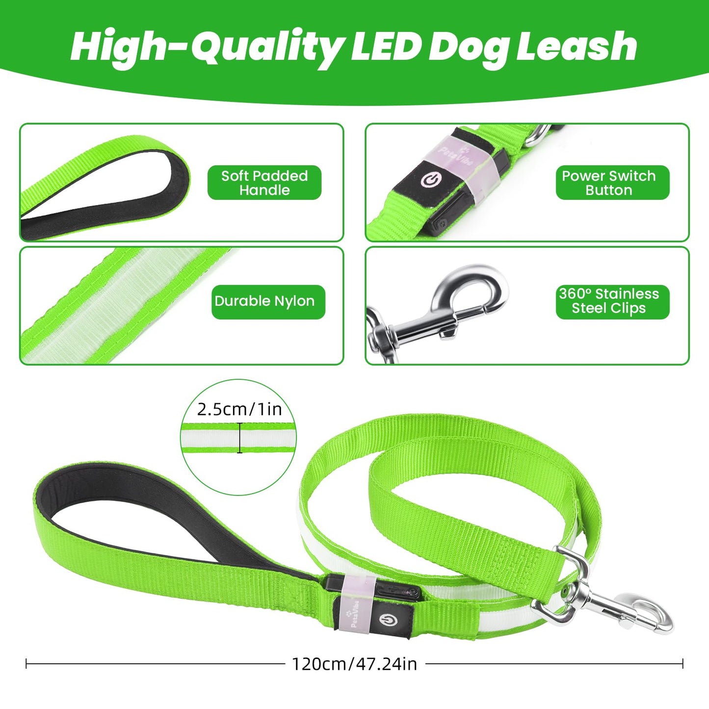 PetsVibe Illuminated lead for dogs. USB Rechargeable LED Flashing Dog Leash - Durable, High-Visibility, Eco-Friendly for Safe Night Walks