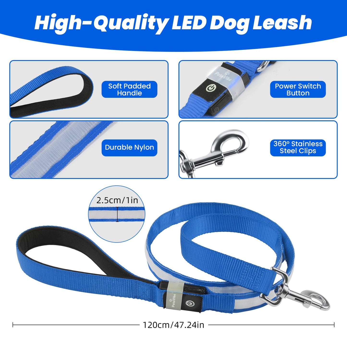 PetsVibe Illuminated lead for dogs. USB Rechargeable LED Flashing Dog Leash - Durable, High-Visibility, Eco-Friendly for Safe Night Walks