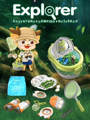 LittleCub Bug Hunting Kits for Children - 10 Pcs Bug Catcher for kids, Kids Insect Explorer kit, Educational Toys includes an Observation Box, Magnifier, Compass, Tweezers, Flashlight, and Net Bag