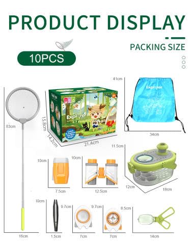 LittleCub Bug Hunting Kits for Children - 10 Pcs Bug Catcher for kids, Kids Insect Explorer kit, Educational Toys includes an Observation Box, Magnifier, Compass, Tweezers, Flashlight, and Net Bag