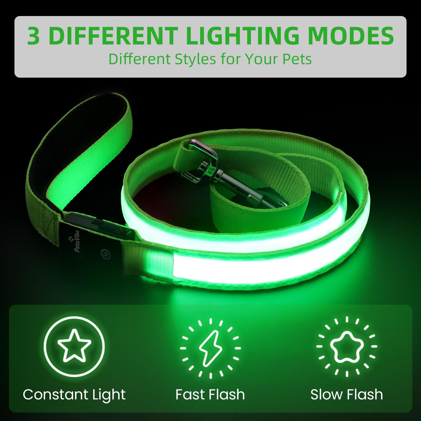 PetsVibe Illuminated lead for dogs. USB Rechargeable LED Flashing Dog Leash - Durable, High-Visibility, Eco-Friendly for Safe Night Walks