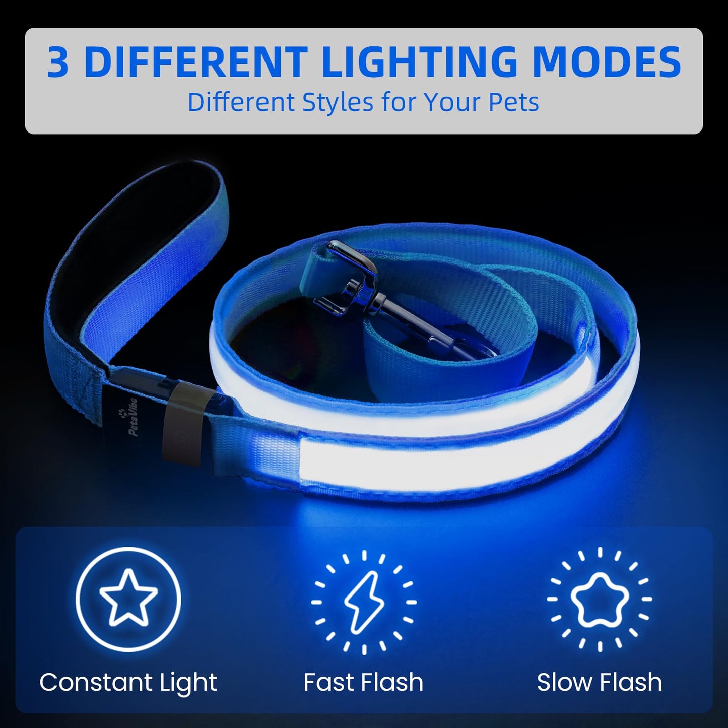 PetsVibe Illuminated lead for dogs. USB Rechargeable LED Flashing Dog Leash - Durable, High-Visibility, Eco-Friendly for Safe Night Walks