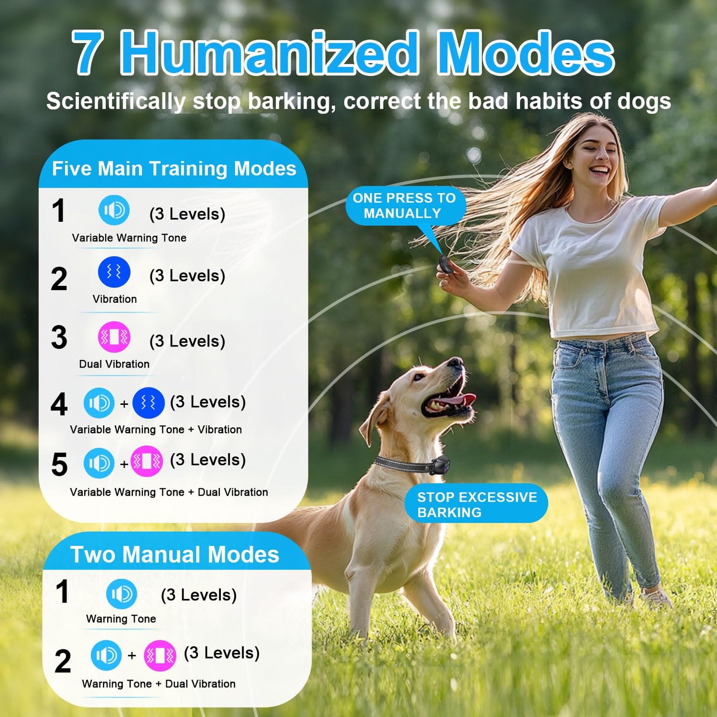 PetsVibe 2-in-1 Anti Bark Collar – Fully Automatic + Optional Manual Remote Control, No Shock, Dual Vibration, 7 Modes, Humane Dog Training, Waterproof, Rechargeable, Cuttable Strap