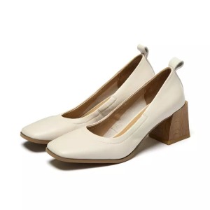 Vintage Women Shoes Solid Color Sheepskin Leather Square Toe Chunky Heel Women Pump-White-36